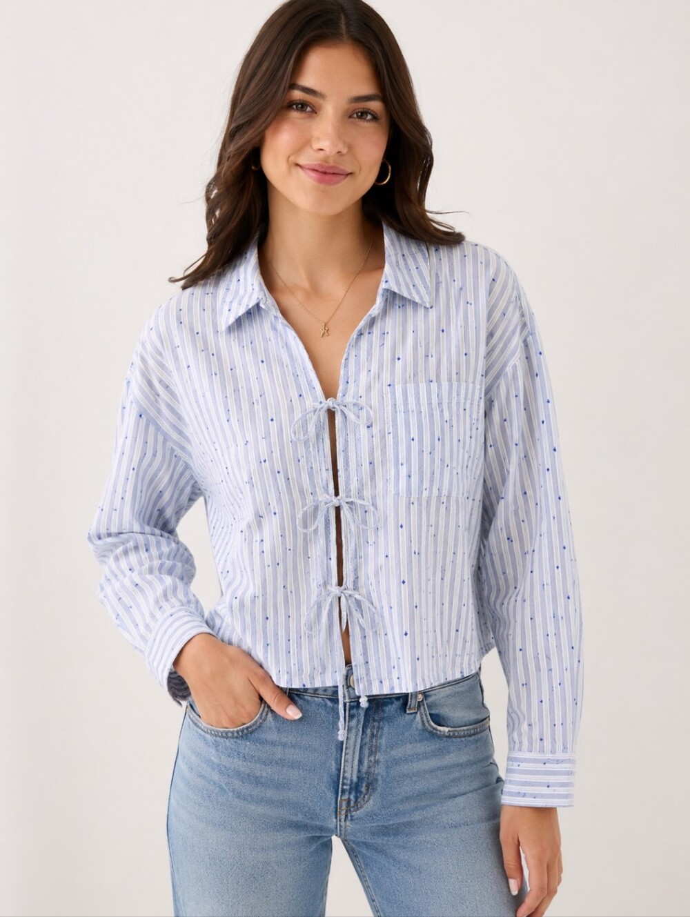 Aerie Women's Size L Blue White Striped Tie Front Long Sleeve Crop Blouse Shirt